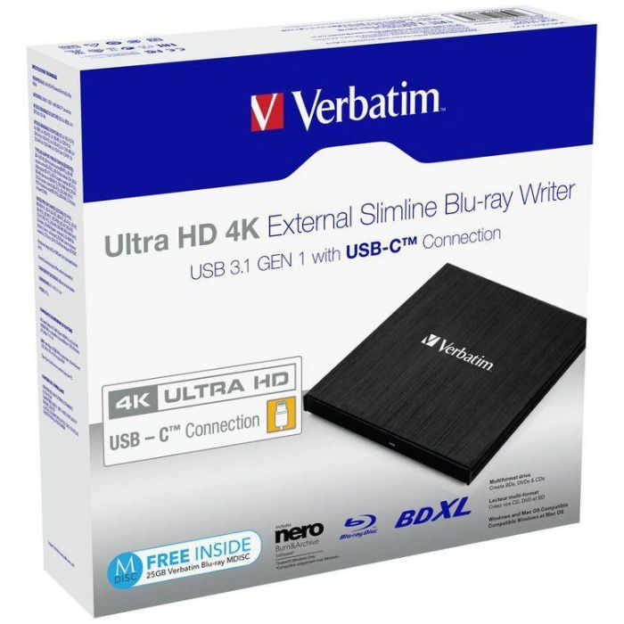 Verbatim EXTERNAL ULTRA HD 4K EXTERNAL SLIMLINE BLU-RAY WRITER USB 3.1 GEN 1 WITH USB-C CONNECTION 4 Verbatim EXTERNAL ULTRA HD 4K EXTERNAL SLIMLINE BLU-RAY WRITER USB 3.1 GEN 1 WITH USB-C CONNECTION 4