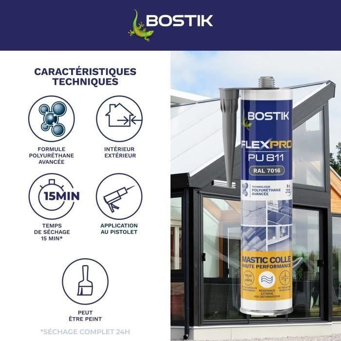Bostik BOS3549212489342 Sellador/Adhesivo Flexpro PU811 para Todos los Materiales Interior/Exterior Antracita RAL7016 300ml 2