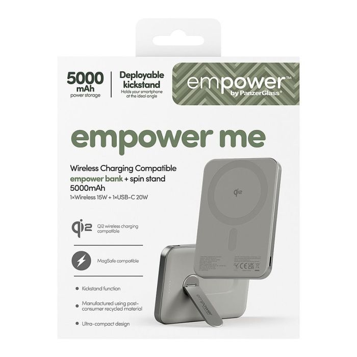 PanzerGlass Empower Bank con Spin Stand - Batería Portátil Inalámbrica 5000mAh, Carga Rápida 20W, Compatible con MagSafe, Cargador 15W, Color Titanio 4