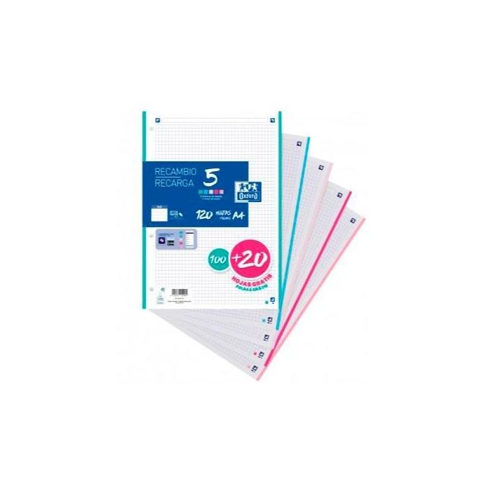Oxford Recambio Classic 100H + 20H Gratis A4 Sueltas 90 gr 5x5 mm 4 Taladros 5 Bandas Colores Pastel Oxford Recambio Classic 100H + 20H Gratis A4 Sueltas 90 gr 5x5 mm 4 Taladros 5 Bandas Colores Pastel