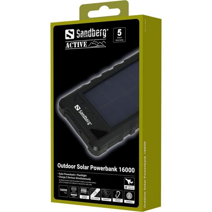 Sandberg Outdoor Solar Powerbank 16000 mAh Impermeable, Batería Externa Portátil con Carga Solar y USB Doble para Teléfonos y Tablets 8
