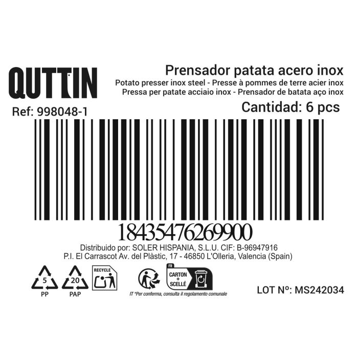 Triturador Prensa Patata 9.2 x 26 cm - Inde (6 Unidades) 1 Triturador Prensa Patata 9.2 x 26 cm - Inde (6 Unidades) 1
