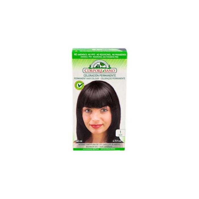 CORPORE SANO Tinte Negro (1) 140ml – Coloración Permanente, Máxima Cobertura y Larga Duración con Aloe Vera y Ginseng