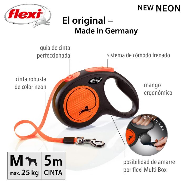 Flexi Correa Retráctil New Neon para Perros Cinta 5 Metros Talla M Naranja Neón Alta Visibilidad Reflectante