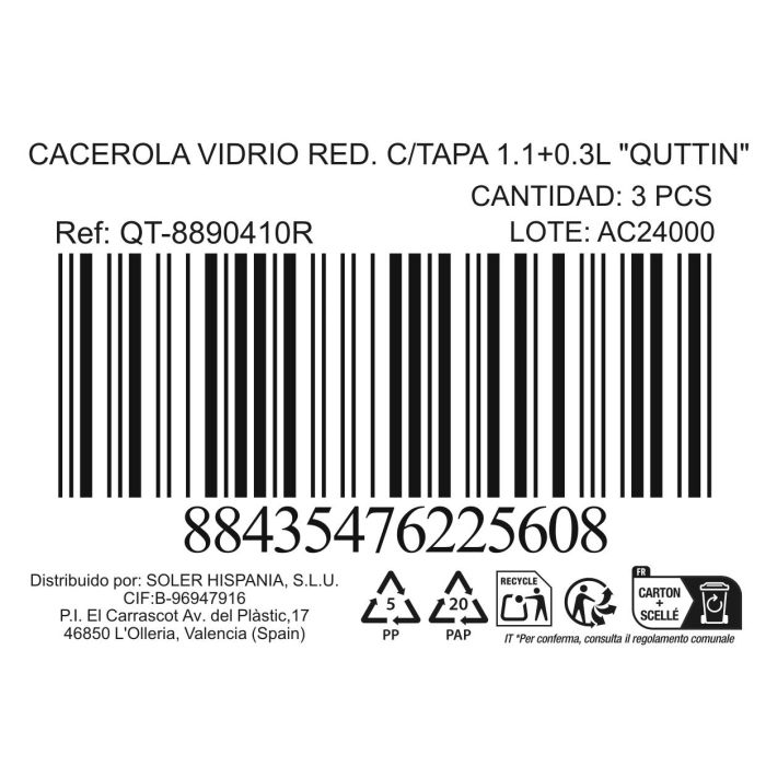 Quttin Cacerola de Vidrio Redonda con Tapa 1.1+0.3L (3 Unidades) 1
