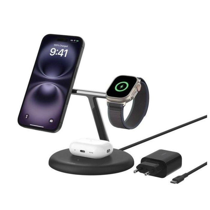 Belkin Wiz023Vfbk Base Carga Inalambrica 3 en 1 para iPhone, Apple Watch y AirPods con Qi2 15W Negra 1