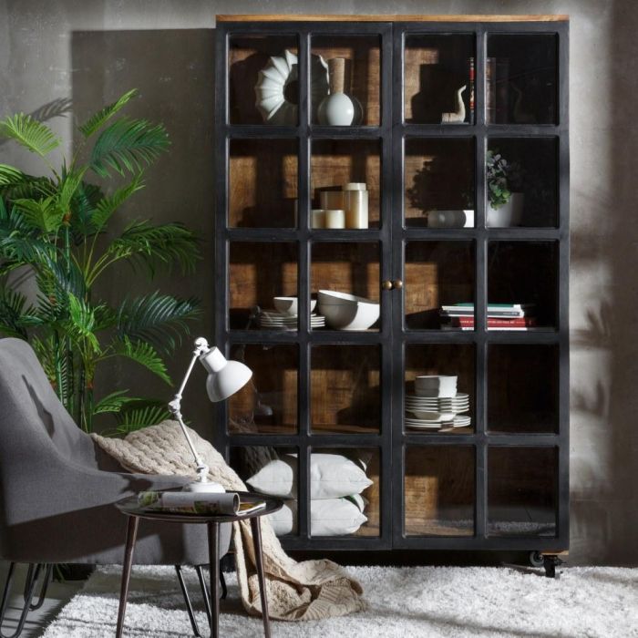 Vitrina Negro-Natural Madera de Mango 115 X 40 X 194 cm