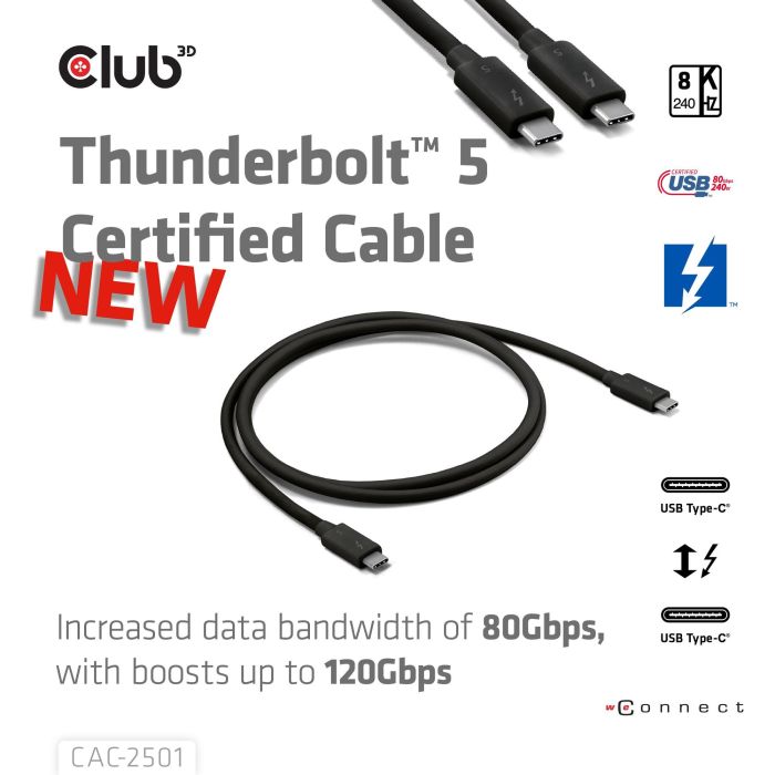 Club3D Kabel Thunderbolt5 zertifi. 8K240Hz/ 80/120Gbps 1m 1 Club3D Kabel Thunderbolt5 zertifi. 8K240Hz/ 80/120Gbps 1m 1