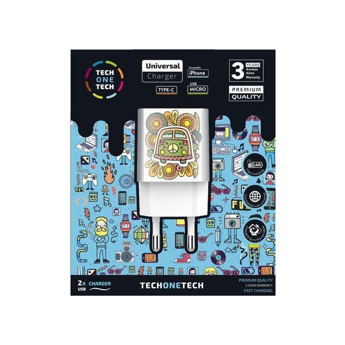 Cargador Tech-One-Tech Doble De Pared 2Xusb Green Camper Alto Rendimiento 2,4A