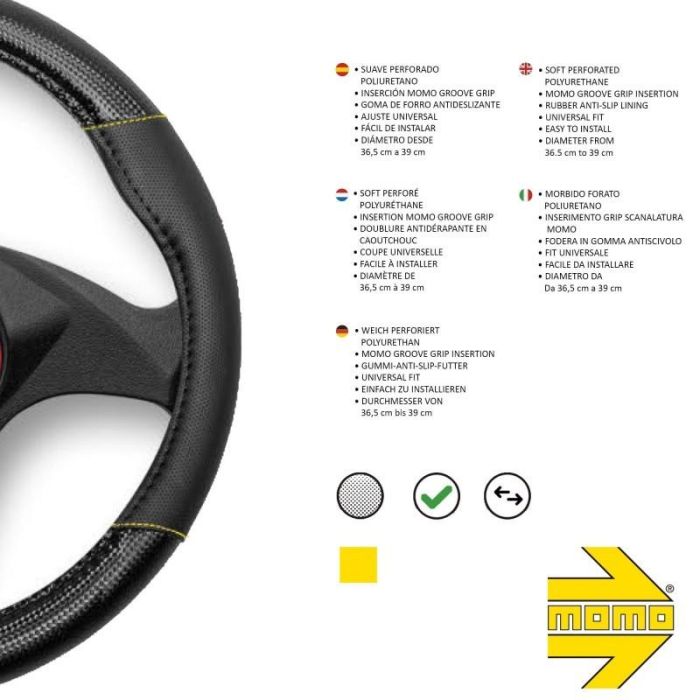 Momo Funda Volante Carbon Universal Negro y Amarillo MOMLSWC013BY 38-39 cm 2