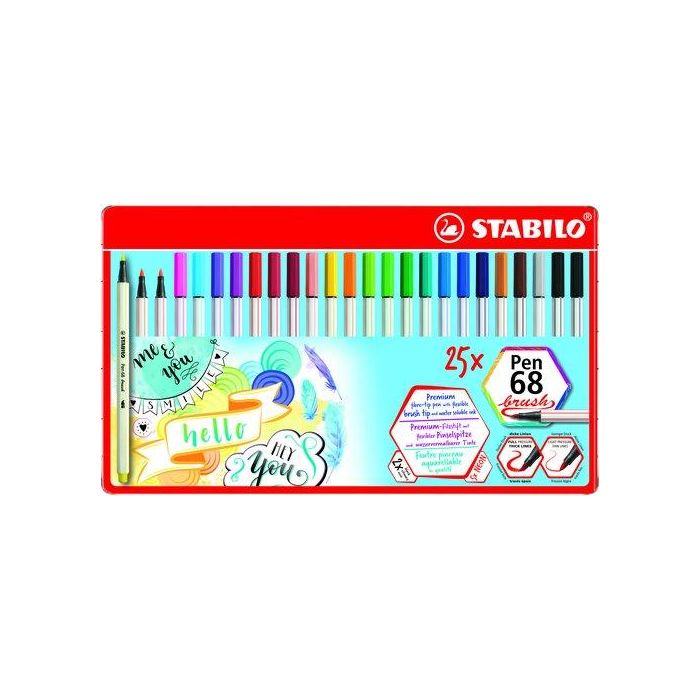 Rotulador Fibra Stabilo Pen 68 Brush Punta Pincel Caja Metal De 25