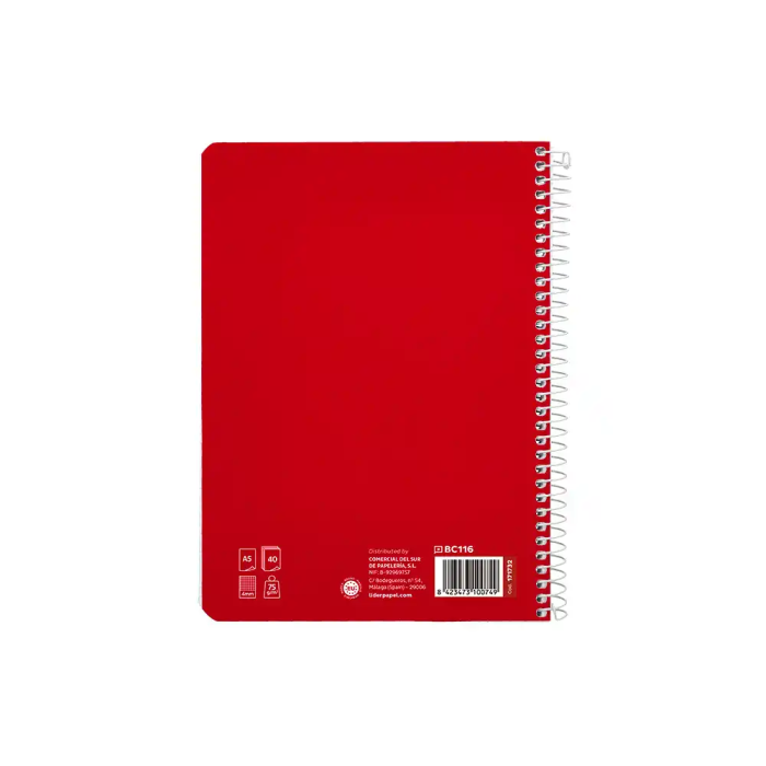 Liderpapel Cuaderno Espiral A5 Pautaguía Tapa Blanda 40 Hojas 75gr Cuadro Pautado 4mm Rojo 2