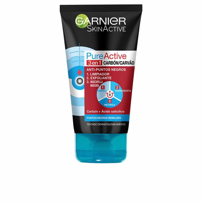 Garnier PURE ACTIVE Gel Carbón 3 en 1 Purificante Limpiador Exfoliante Mascarilla Anti-Puntos Negros Piel Grasa 150 ml