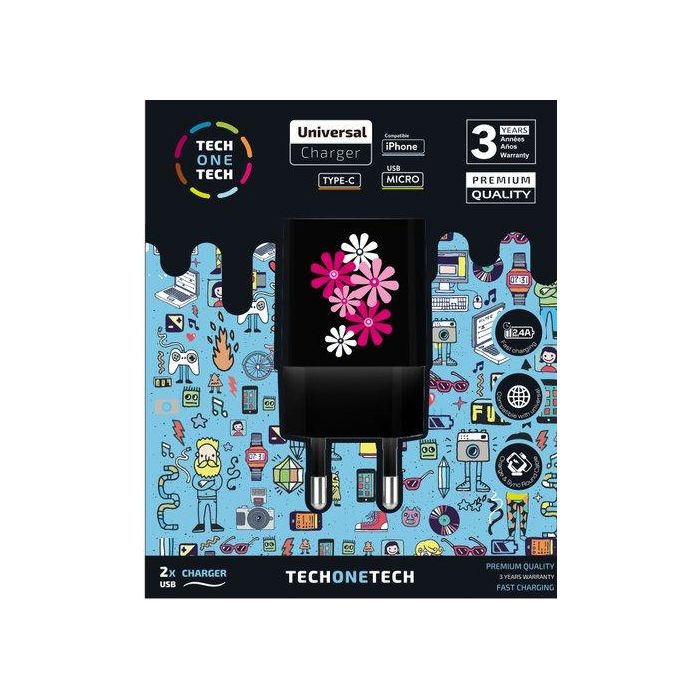 Cargador Tech-One-Tech Doble De Pared 2Xusb Black Flower Power Alto Rendimiento 2,4A