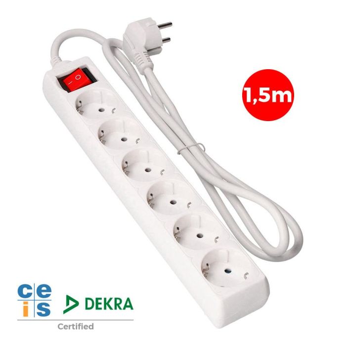 Prolongador con 6 tomas 2p+t, 16a 250v~ con interruptor luminoso, 1,5 m de cable h05vv-f 3g1,5mm² blanco