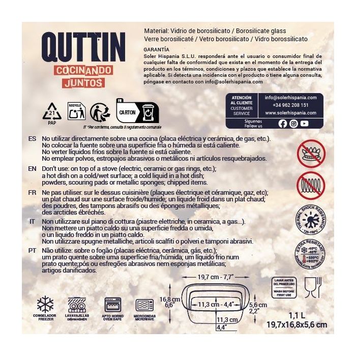 Quttin Fuente Vidrio Cuadrada 20x17x6cm 1.1L (10 Unidades)