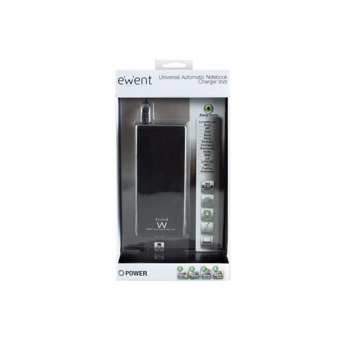 Ewent EW3966 Adaptador Cargador de Corriente Universal Automático para Notebooks 90W con 8 Puntas 110-240V Negro 1 Ewent EW3966 Adaptador Cargador de Corriente Universal Automático para Notebooks 90W con 8 Puntas 110-240V Negro 1