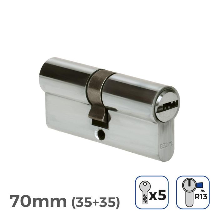 Cilindro 70mm (35+35mm) niquelado, leva corta r13 con 5 llaves seguridad incluidas Cilindro 70mm (35+35mm) niquelado, leva corta r13 con 5 llaves seguridad incluidas