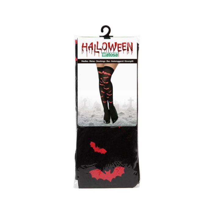 Medias Halloween Negro Murciélagos Rojos Mujer Adulto 1