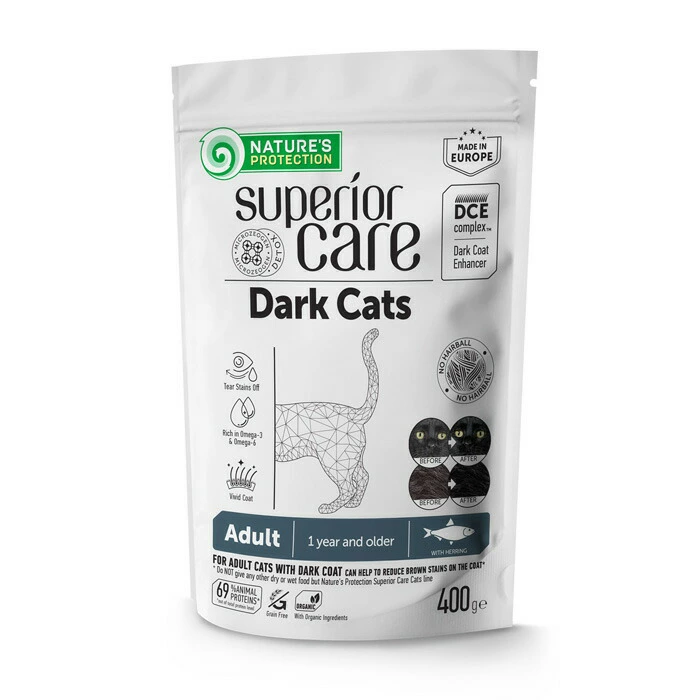 Nature's Protection Alimento Seco para Gatos Adultos con Pelaje Oscuro, sin Grano, con Arenque, 400 gr