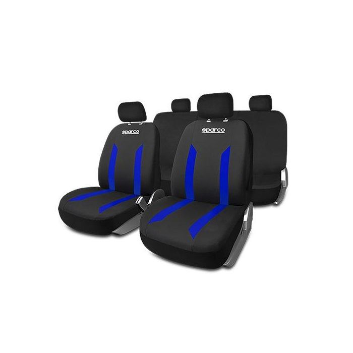Sparco SPCS440BL Juego de Fundas de Asiento para Coche Modelo Sabbia Negro y Azul Universal con 5 Cabezales y Traseras Divididas Lavables