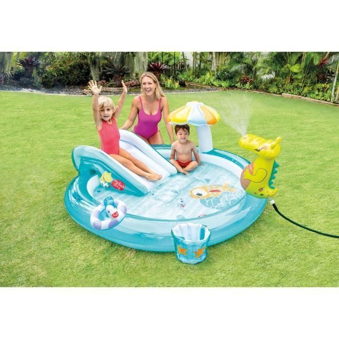Intex Centro de juegos acuático Cocodrilo hinchable con tobogán, rociador y paraguas, vinilo resistente, para niños +2 años. 5