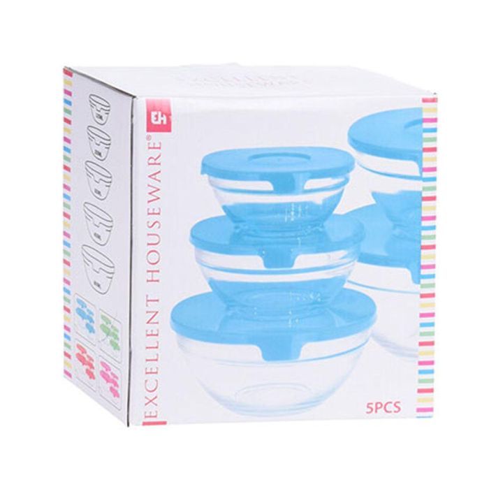 Set 5 Fiambreras de Vidrio Tipo Bol Colores Surtidos, Apto Microondas y Congelador, Capacidades Variadas