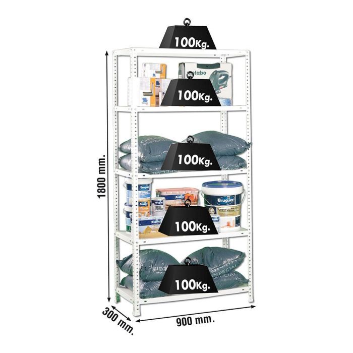 Simon Rack Comfort 5/300 Kit estantería metálica blanca, 5 estantes, 100kg/nivel, 900x300x1800mm 2 Simon Rack Comfort 5/300 Kit estantería metálica blanca, 5 estantes, 100kg/nivel, 900x300x1800mm 2