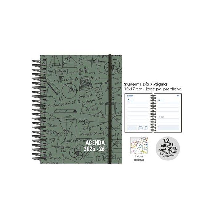 Agenda Escolar (2025-26) Senfort Student Decorada Espiral Tapa Pp Con Goma 120X170 D/P Maths Verde