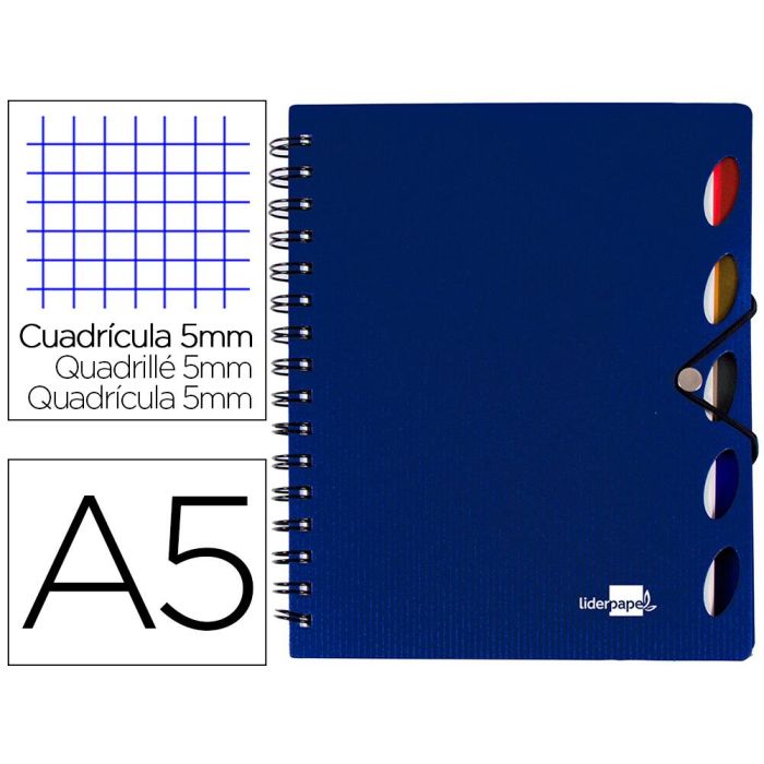 Cuaderno Espiral Liderpapel A5 Micro Executive Tapa Plastico 100H 80 gr Cuadro 5 mm 5 Se Paradores Con Gomilla Azul