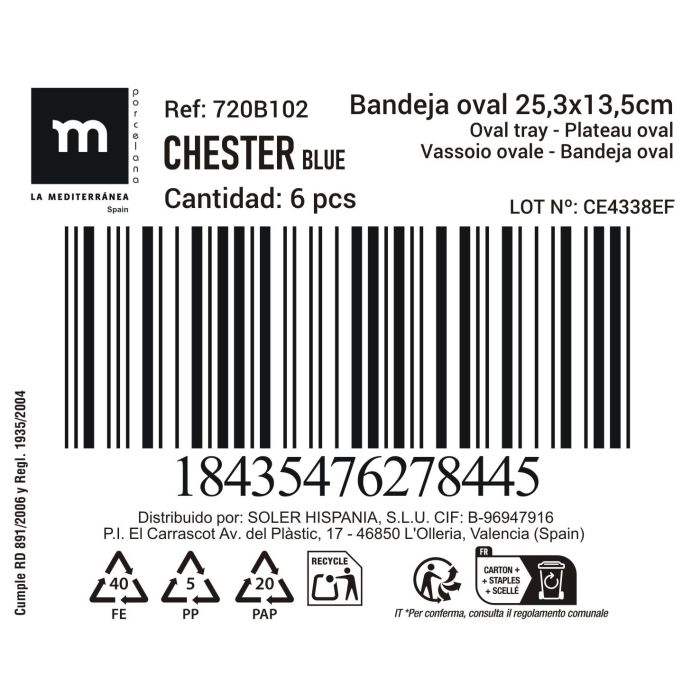 Bandeja Oval Chester Blue 25.3 x 13.5 cm - Inde (12 Unidades) 1 Bandeja Oval Chester Blue 25.3 x 13.5 cm - Inde (12 Unidades) 1