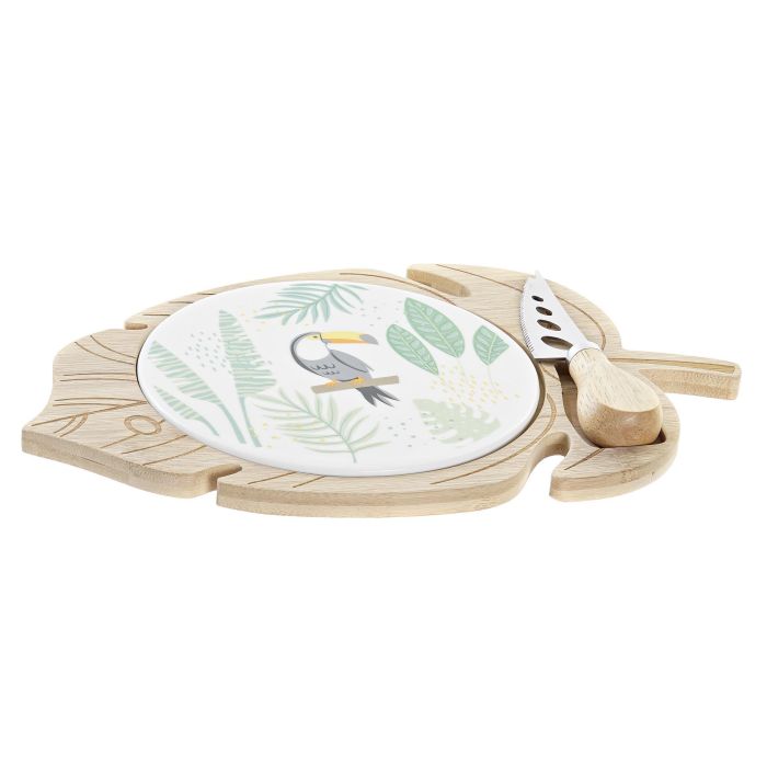 DKD Home Decor Tabla de Aperitivo Tropical Multicolor, Set 3 Piezas Gres y Bambú, 18x3x28 cm, Apta Lavavajillas