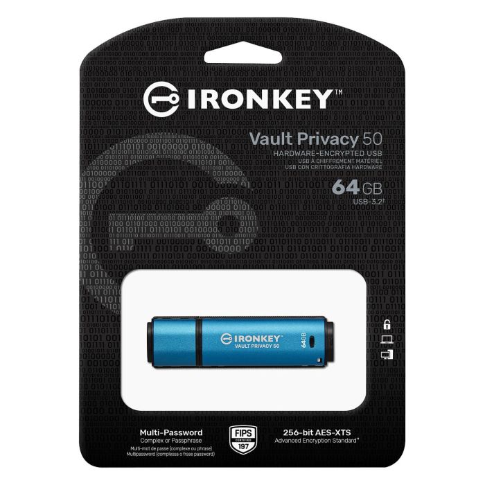 Kingston IronKey Vault Privacy 50 64GB USB 3.2 Cifrado AES-256, FIPS 197, Tapa, Resistente al Agua IPX8 2