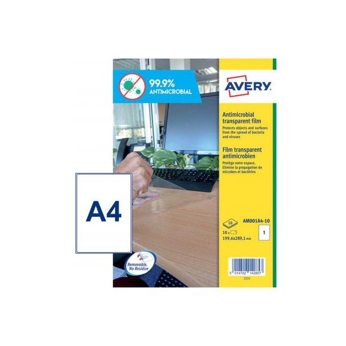 Etiquetas Adh.Avery A4 Polyester Antibacteriana Y Antimicrobiana Removible Caja 10H 199,6X289,1 Mm 10 Uds.(Am001A4)