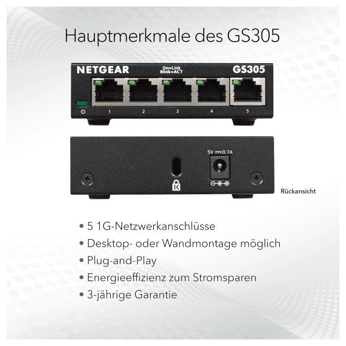Netgear GS305v3 Switch Gigabit Ethernet 5 Puertos RJ-45 10/100/1000Mbps Metal EU MODEL 6