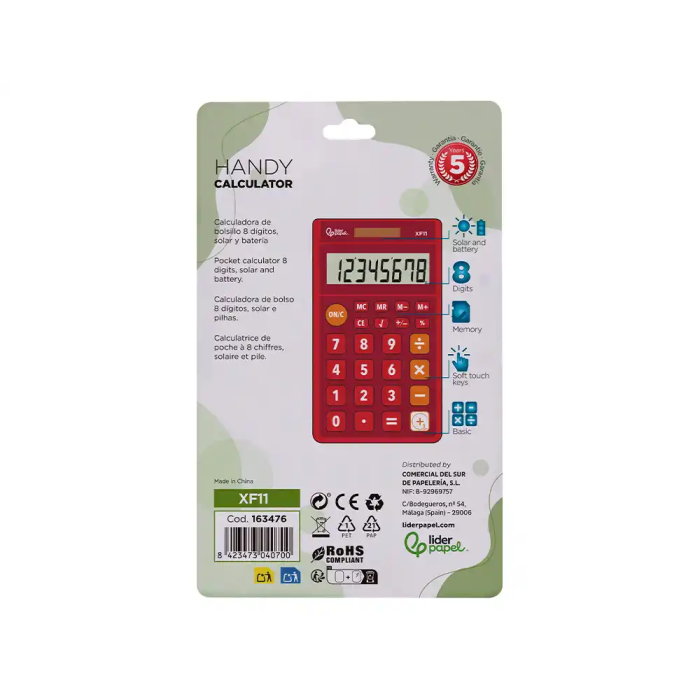 Liderpapel Calculadora xf11 Bolsillo 8 Dígitos Solar y Pilas Color Rojo 115x65x8 mm 4