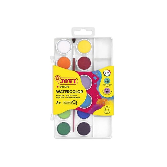 Jovi Acuarelas en Pastillas 22 mm, Colores Surtidos, Estuche con 12 Unidades y Pincel Nº3 Incluido