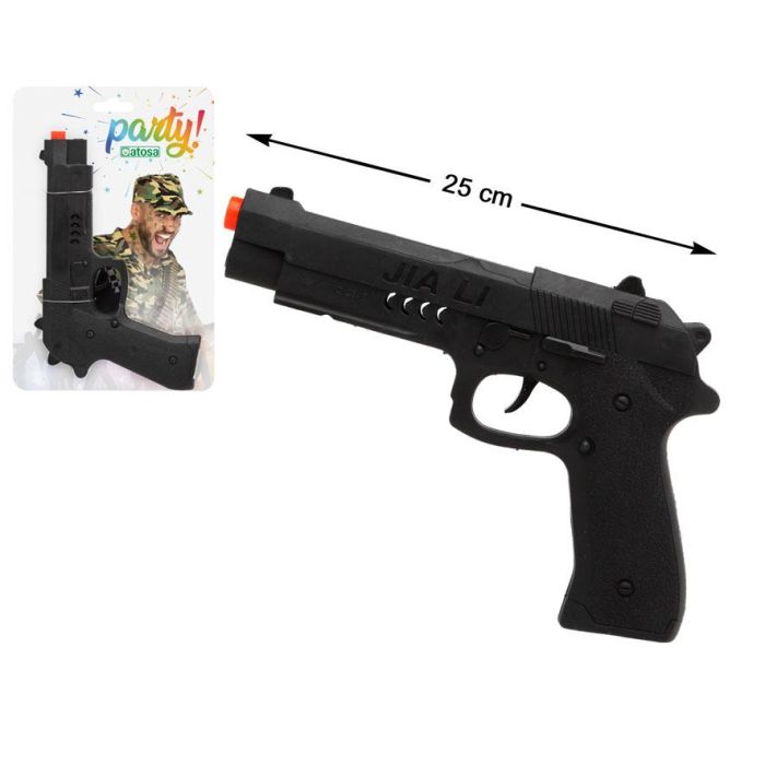 Pistola de juguete negra 25 cm con detalle naranja para disfraz militar, espías, agentes, soldados o policías