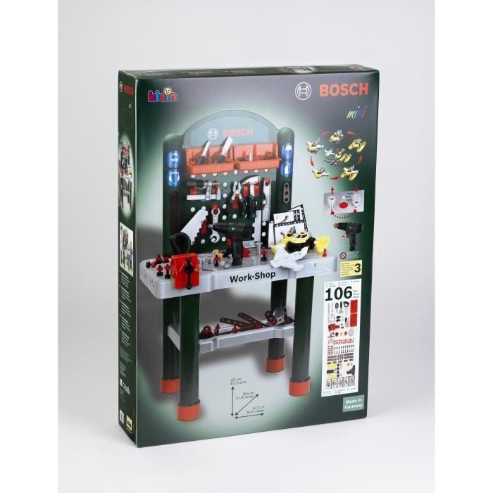 Klein Taller de Juguete Bosch Work-Shop con Destornillador Mecánico, Vehículo para Ensamblar, Herramientas y Accesorios Realistas para Niños +3 años 1