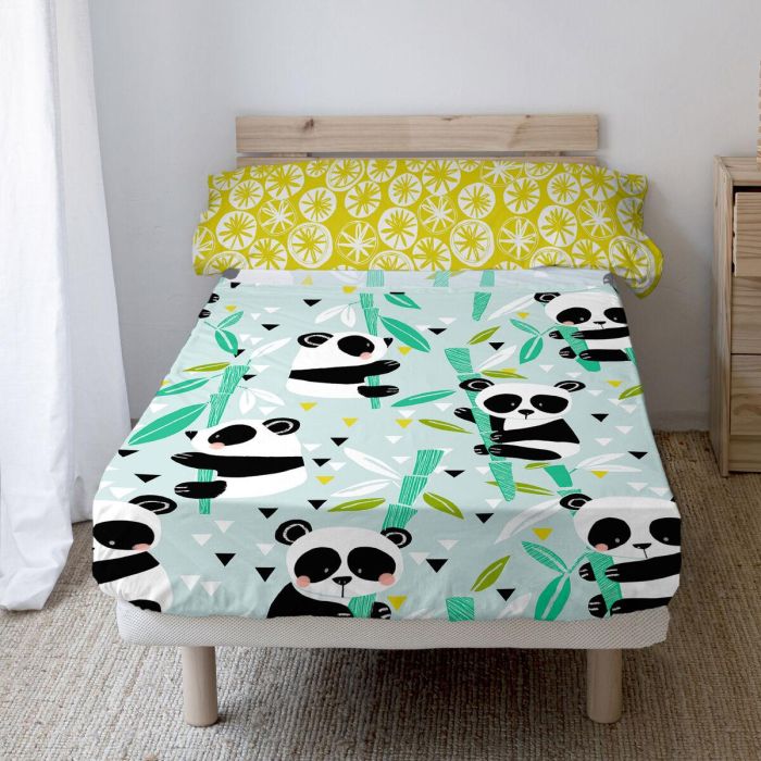 Juego de Sábanas HappyFriday Moshi Moshi Panda garden blue Azul Cama de 80/90 2 Piezas 1