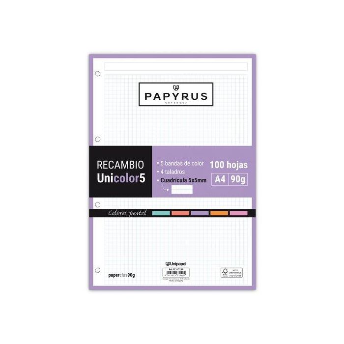 Recambio Papyrus Unicolor5 A4 100H 90G 4 Taladros Cuad.5X5 Colores Pastel 24 unidades