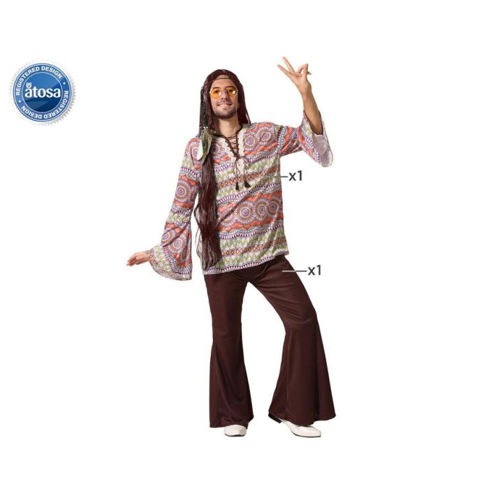 Disfraz Hippie Hombre Adulto Años 60 con Camisa Psicodélica Multicolor y Pantalones Campana Marrones Talla XS-S Disfraz Hippie Hombre Adulto Años 60 con Camisa Psicodélica Multicolor y Pantalones Campana Marrones Talla XS-S