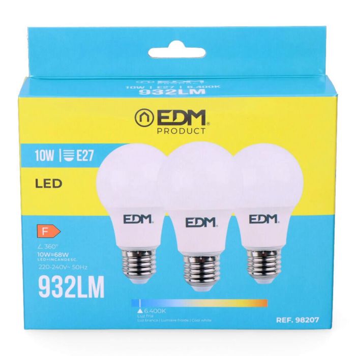 Kit 3 bombillas standard led e27 10w 932lm 6400k luz fria ø6x10,8cm edm 1