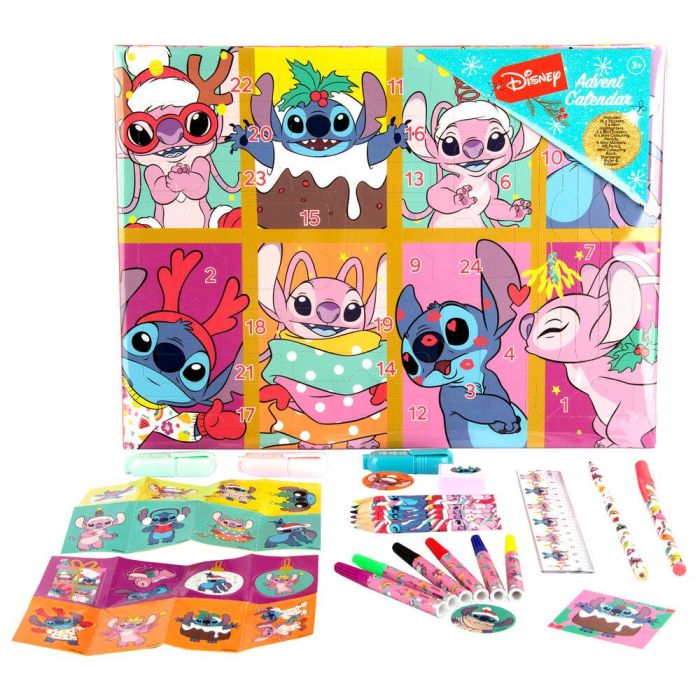 CYP BRANDS Calendario Adviento Stitch Disney - Incluye 6 rotuladores, 2 gomas, 6 lápices, 16 pegatinas, 3 subrayadores, cuaderno y más