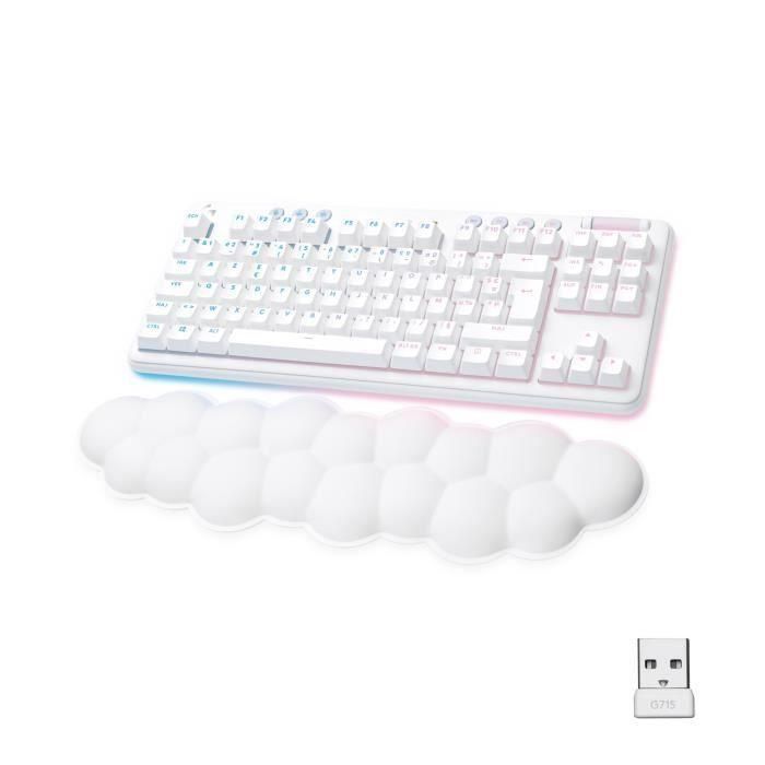 Logitech G - Teclado para juegos - G715 Mecánico inalámbrico táctil (GX Brown) con reposamuñecas - Niebla blanca