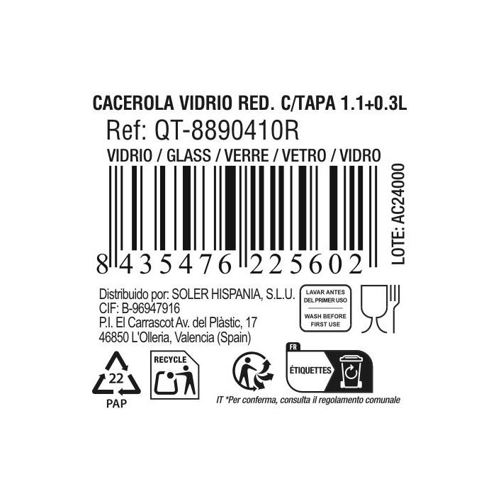 Quttin Cacerola de Vidrio Redonda con Tapa 1.1+0.3L (3 Unidades) 2