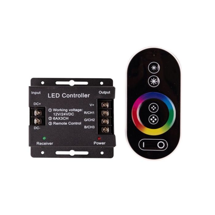 Controlador LED RGB con Mando a Distancia RF 2.4GHz Táctil Circular para Tiras, 12-24V DC, 216W/432W, 22 Modos, Memoria 0 Controlador LED RGB con Mando a Distancia RF 2.4GHz Táctil Circular para Tiras, 12-24V DC, 216W/432W, 22 Modos, Memoria 0