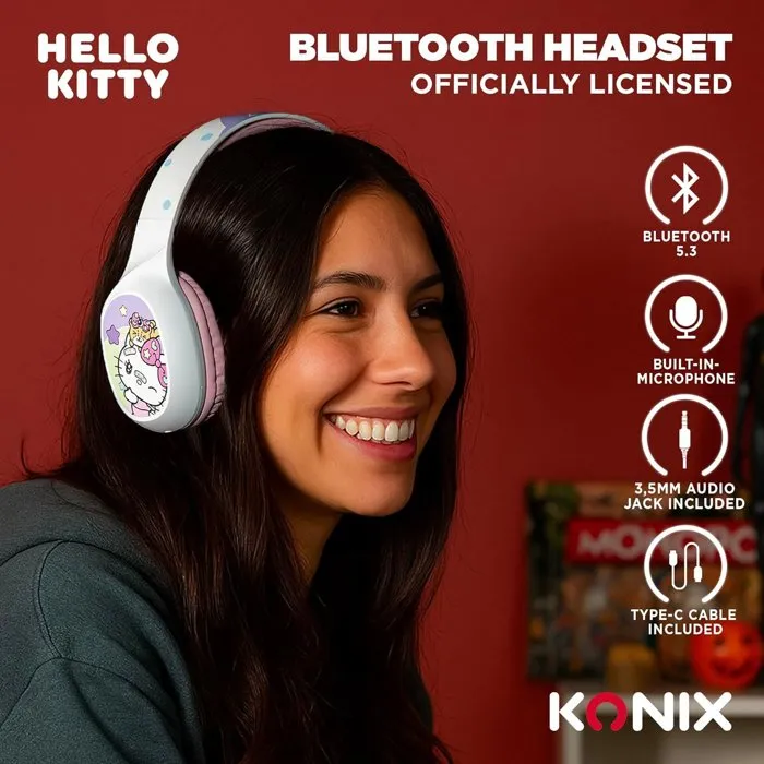 Konix Auriculares Inalámbricos Bluetooth 5.3 Hello Kitty, 30h Batería, Blanco y Rosa, PC Smartphone Tablet
