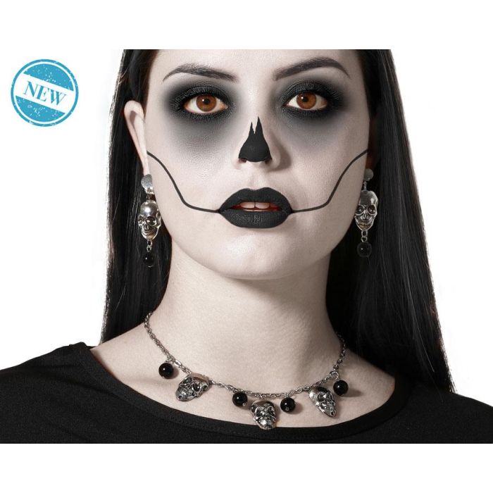 Set de Collar y Pendientes Calavera Plateada con Detalles Negros - Disfraz Halloween, Vampiresa, Bruja, Gótico 0 Set de Collar y Pendientes Calavera Plateada con Detalles Negros - Disfraz Halloween, Vampiresa, Bruja, Gótico 0