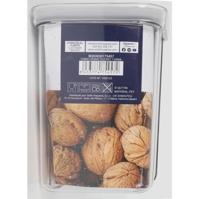 Quttin Tarro Hermético PET 1100 ml, 11,2 cm Ancho x 11,2 cm Largo x 15,5 cm Alto (12 Unidades) 10